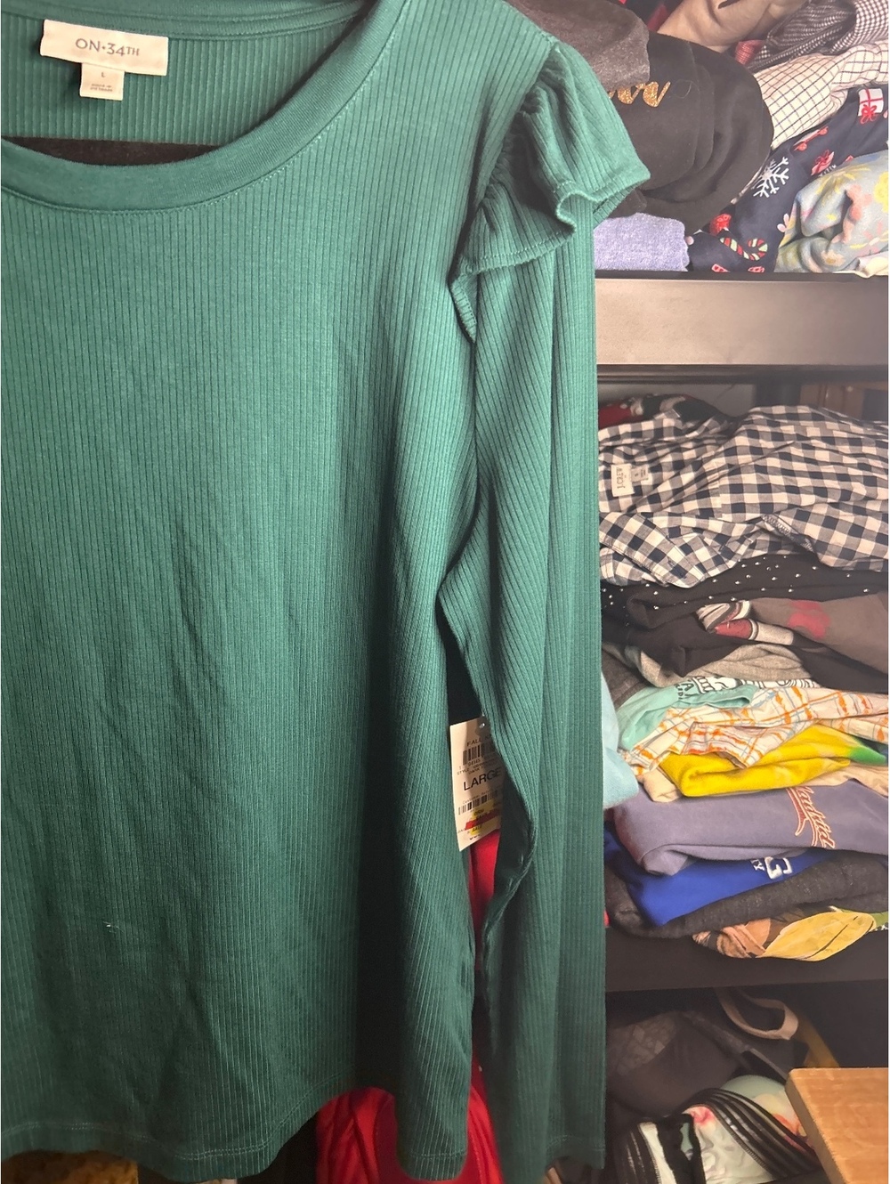 ON 34th Dark Forest Green Long Sleeve Ribbed Knit Top Large